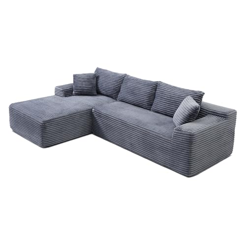 Image of 95 inch L Shaped Boneless Sectional Couches, Wide Armrest, Deep Seat, Memory Foam, Assembly Free, Modern Comfy Corduroy Fluffy Cloud Sofa with Left Chaise for Living Room, Small Spaces, Grey
