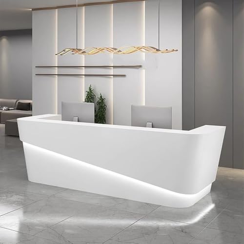 BK&MF モダンホワイト 受付カウンター,木製 カウンターテーブルLEDライト付き おしゃれ スリム引き出し付き 組み立てが簡単 幅100-180cm 企業フロントデスク 多機能お店 美容室 アパレルショップ 会社フロント,A,100x50x100cm(