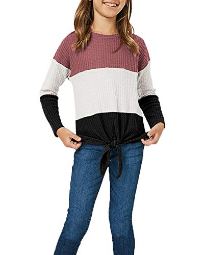 Image of Girls Waffle Colorblock Tie Top Long Sleeve Casua T Shirt Knit Tunic