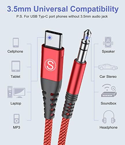 USB C to 3.5mm Audio Aux Jack Cable 2M [HiFi Sound,DAC Chip],Type C to 3.5mm Aux Compatible with Huawei P30 P20 Mate 10 Mate 20 Pro, Pixel 4 3 2 XL, Samsung Galaxy Note 20 10 S21 S20 S10 etc -Red