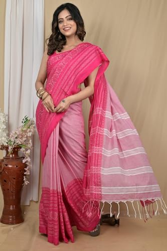 Image of eC ESHA'S COLLECTION Women's Cotton Blend Begumpuri Handloom Saree With Unstitched Running Blouse Piece