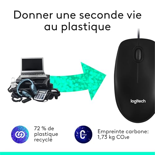 Logitech M100 Souris filaire USB, 3 boutons, 1000 DPI, suivi optique, ambidextre, compatible avec PC, Mac, ordinateur portable - Noir