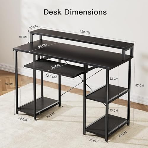 Image of Un-Desk Nova Computer Table for Home Office /Study Table with 3 Shelf Workstation Desk for Desktop Pc Laptop and Gaming with Keyboard Tray Reversible Shelf Left and Right 120 CM Charcoal Black