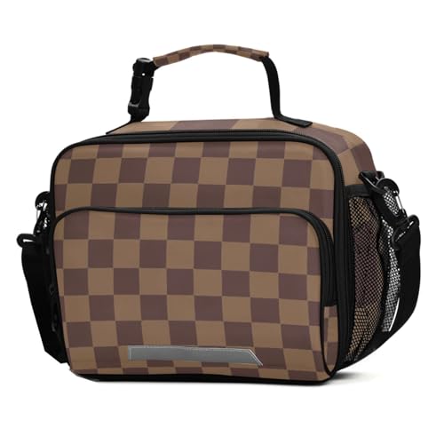 ALAZA Brown Checkerboard Lunch Box for Girls Kids Insulated Lunch Bag Boys Lunchbox Reusable Cooler Tote Freezable Shoulder Strap for School Picnic