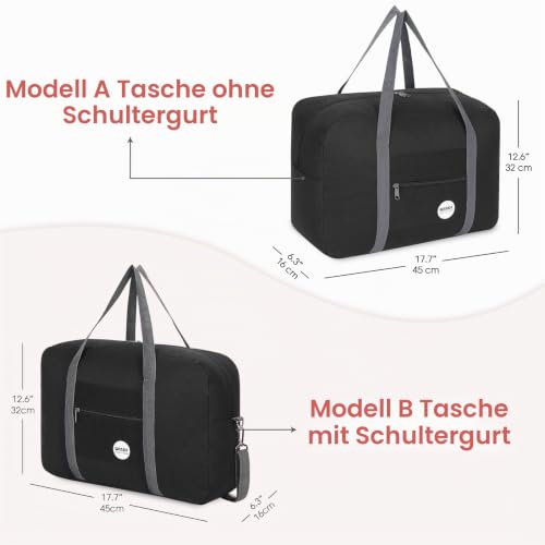 Handgepäck Tasche für Flugzeug Reisetasche Klein Faltbare Handgepäck Koffer 55x40x20cm / 45x36x20cm Sporttasche Krankenhaustasche Weekendertasche von WANDF (A - Schwarz)