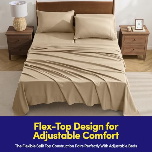 Image of Split Head King Sheets Set for Adjustable Beds 4 Piece Flex Top Bed Sheets - Deep Pocket Split Top Fitted Sheet with Built-in Corner Straps, Luxury Soft Cooling Bedding, Wrinkle Resistant, Beige