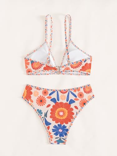 Image of Fanuerg Women's Triangle Bikini Sets O Ring Linked Two Piece Swimsuits Floral Printed Cheeky Bathing Suit