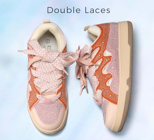 Image of LUCKY STEP Women Sparkle Rhinestone Fashion Sneakers | Walking Tennis Bling Glitter Shoes Platform Lace up Casual Mesh Sneaker