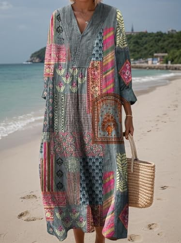 Women's Fall Floral Dress Boho V Neck Long Sleeve Flowy Casual Plus Size Maxi Dress with Pockets2