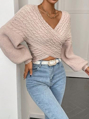 Image of WDIRARA Women's Textured Crossover V Neck Sweater Long Sleeve Drop Shoulder Casual Pullover Tops