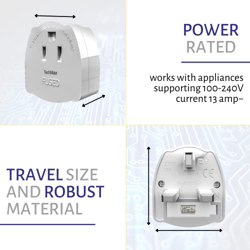 Techmax Us To Uk Plug Adapter Pack Of 2 Type A And B To Type G Plug Adapter Usa To Uk Travel Adapter Accepts Canada, Mexico, China, Thailand, American To British Plug Adaptor - 4