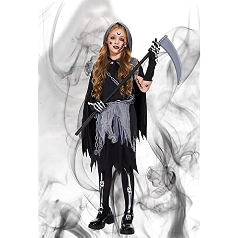 Ulikey Girls Grim Reaper Costume, Halloween Costumes, Reaper Costume Cape with Hood, Waist Chain and Toy Scythe for Halloween Christmas Costume Grim Reaper Vampire Party Children's Grim Reaper Cosplay Cover