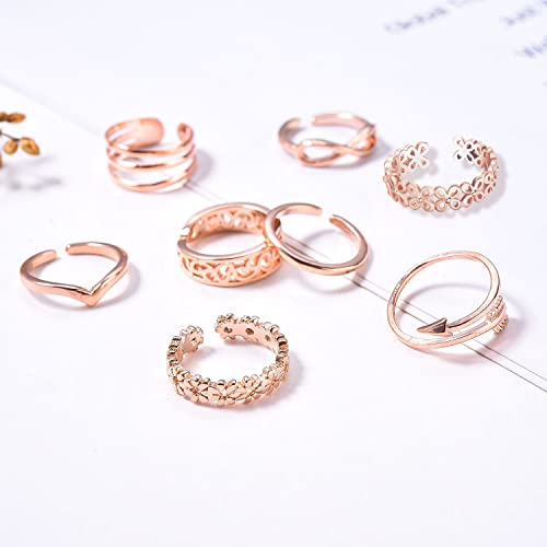 Kohota 12Pcs 18K Gold Plated Adjustable Toe Rings For Women Summer Beach Open Toe Rings Set Flower Arrow Tail Pinky Band Rings Barefoot Foot Jewelry (Rose Gold Color-8Pcs) #TOP6