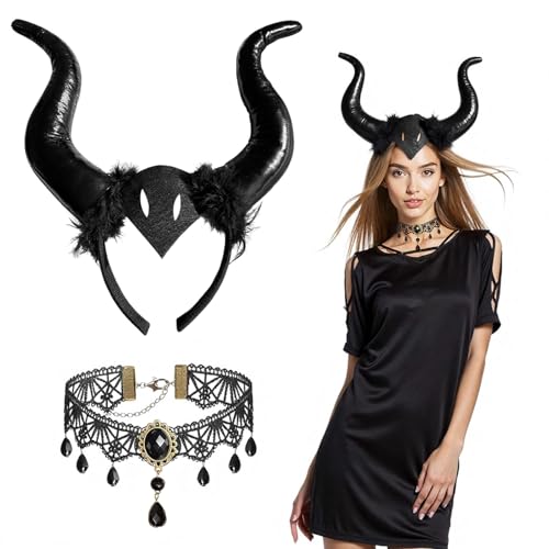 Wolkstello 2 Pcs Königin Hörner Kopfschmuck Halloween Teufelshörner haarreif Schwarz hörner Haarreif mit Gothic Spitze Halskette Devil horns Zubehör für Halloween Karneval Cosplay Maskerade Party