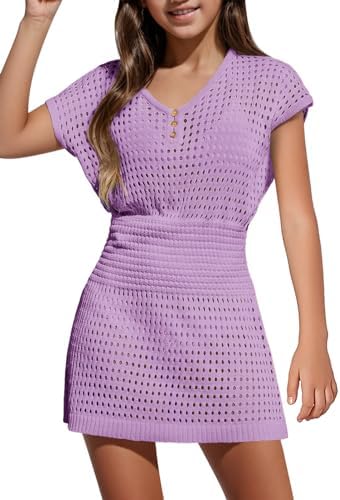 Haloumoning Girls Crochet Swim Beach Cover Up Kids Fashion Button Short Sleeve Swimsuits Cover Ups 5-14 Years