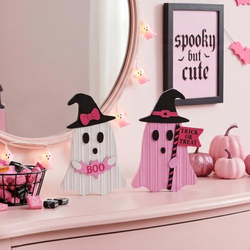 Valery Madelyn Pink Halloween Decor, Set of 2 Cute Halloween Ghost Decor, Witch Hat Boo & Trick or Treat Wooden Tabletop Signs for Home, Shelf, Tiered Tray Party Display, 5 Inch - image 9