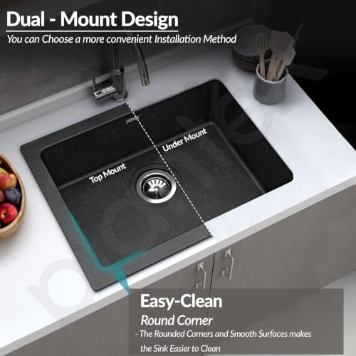 Image of Plantex Undermount Sink For Kitchen /Quartz Acrylic Kitchen Sink With 10 Years Warranty /Metalic Single Bowl Kitchen Sinks With Coupling (Siapan-24X18 Inches, Metallic, Black)