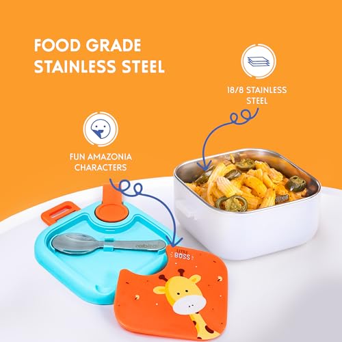 Image of rabitat Playdate Squad Combo Stainless Steel Lunchbox 500 ml and Water Bottle Sipper 350 ml | Gift Box for School Kids | Tiffin Box and Water Bottle for Boys and Girls