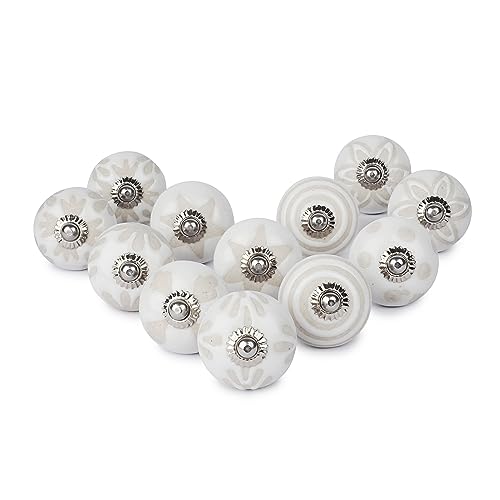 Ajuny Gray and White Ceramic Knobs for Cabinet Dresser Drawer and Furniture Hand Painted Antique Floral Cupboard Pull Knob (Gray and White, Pack of 12) Glossy Finish