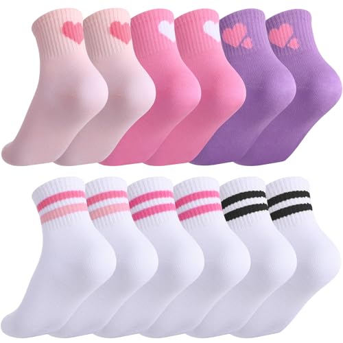 Jspupifip 6 Pairs Kids Girls Pink White Crew Athletic Socks with Stripes Hearts,Casual Stretchy Socks for Girls and Boys