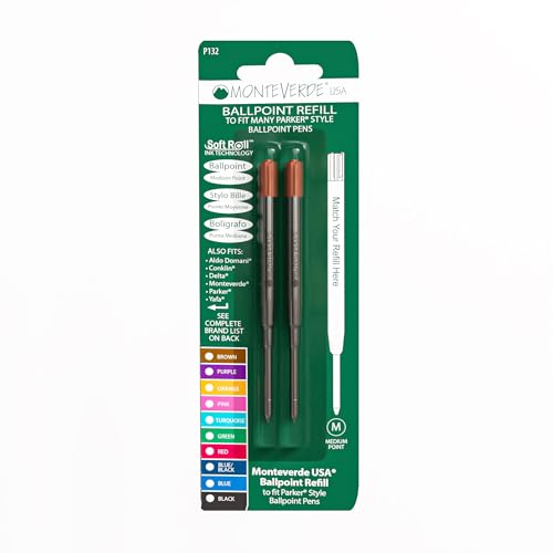 Monteverde Ballpoint Refill to Fit Parker Ballpoint Pens, Medium Point, Soft Roll, Brown, 2 per Pack (P132BN)