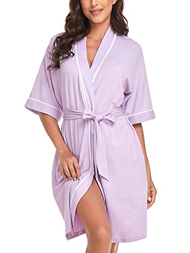 COLORFULLEAF Womens Robe Lightweight Kimono Robes Short Knit Bathrobe Summer Soft Sleepwear Ladies Loungewear (Light Purple,L)