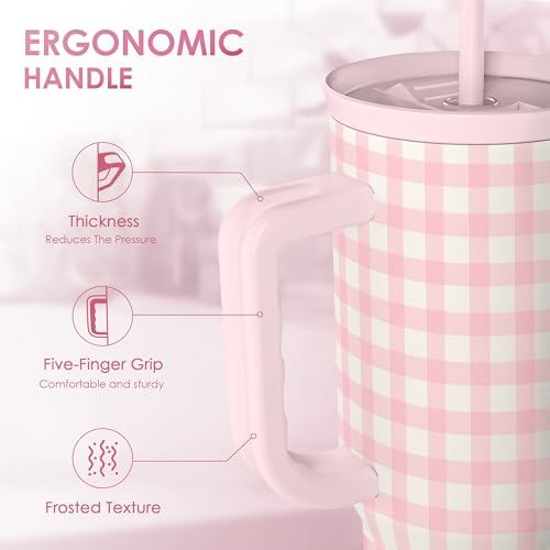 Image of SANDJEST Pink Gingham 40oz Slider Tumbler with Handle and Straw - Insulated Stainless Steel Travel Coffee Mug for Women Girls, Gift for Birthday, Christmas