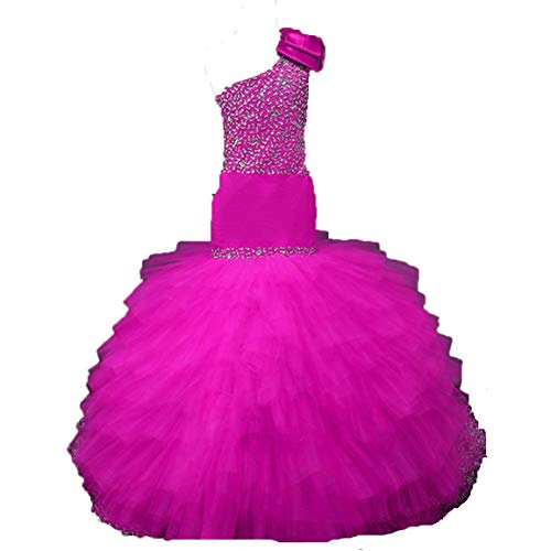 Adela Beaded Mermaid Flower Girls First Communion Dress One Shoulder Tulle Ruffles Kids Pageant Ball Gown AR153