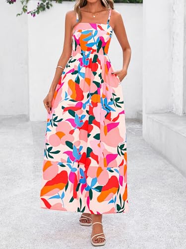 Image of PRETTYGARDEN Women Summer Maxi Dresses 2026 Spaghetti Strap Boho Floral Striped Wedding Guest Beach Vacation Flowy Long Dress