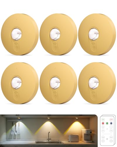 Aokpsrt Rechargeable Puck Lights, 6-Pack LED Tap Lights with Remote, 1500mAh Battery, Dimmer & Timer, Wireless Stick-On Under Cabinet Lights for Closet, Bedroom, Kitchen, Gold 6Pcs