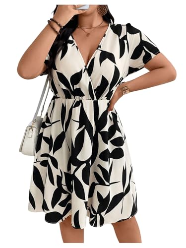 Image of Floerns Women's Plus Size Summer Vacation Wrap V Neck Short Sleeve Ruffle Hem A Line Hawaiian Short Dress