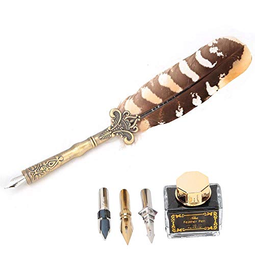 Quill Pen Set, Vintage Feather Pen Fountain Pens Antique Calligraphy Dip Writing Pen With Empty Ink Bottle + 3 Nibs Stationery Gift For Student/Teachers #TOP6