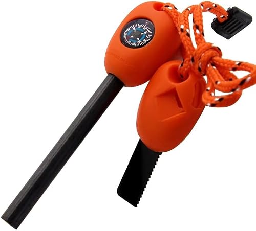 5-in-1 Outdoor Ferro Rod Fire Starter with Compass, Whistle, Scraper, 11cm Rod, Orange Handle, 5000 Strikes, for Camping and Bushcraft