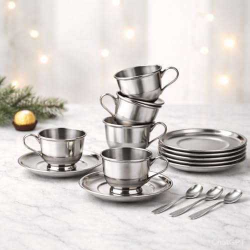 Image of Steel Cup and Saucer|Coffee Cup with Plate with Spoon |Tea Cup with Plate|Double Wall|Cup with Handle|Unbreakable Cups|Mirror Finish|BPA Free