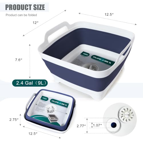 Image of FOSJGO Collapsible Dish Basin with Drain Plug, 2.4 Gal (9L) Space-Saving Foldable Sink, Wash Basin for Kitchen, Baby Bottles, Vegetable Washing, Camping, RV and Party Beverage Tubs (Navy blue)