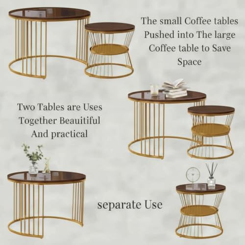 Image of Round Coffee Table Set of 2 for Living Room Wooden Top with Gold Metal Frame Modern Nesting Center Table for Sofa Area Home & Office Furniture (Golden Brown)