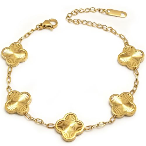Aimétte Monette 18K Gold Bracelets for Women Non Tarnish, Four Leaf Clover Bracelet Double-sided, Gold Plated Bracelets, Charm Bracelets for Women Trendy, Gold Jewlery Gifts