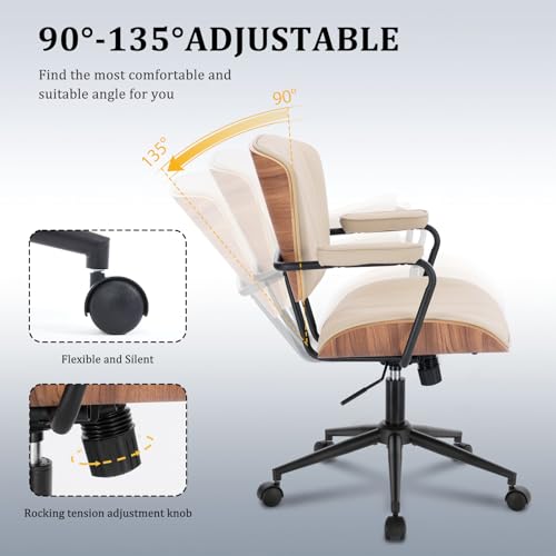 Image of Mid Century Modern Office Chair, Fixed Back Rolling Desk Chair with Armrests and Walnut Back, Adjustable Height for Home Office, Beige