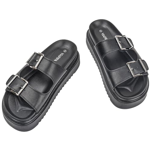 Chunky Platform Sandals for Women, Waterproof Non-Slip Rubber Sole, Adjustable Double Buckle, Arch Support Open Toe Slide Sandals, Comfortable Black Wedge Sandals for Women3