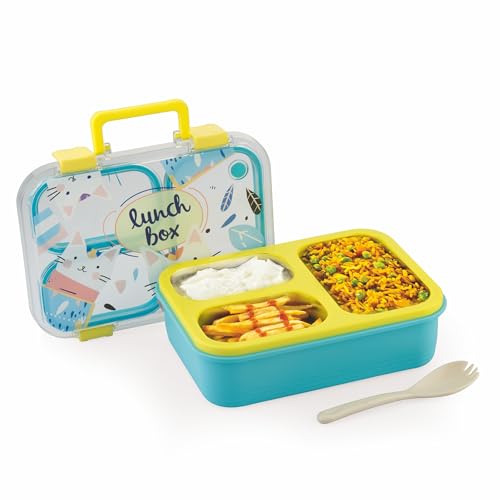Image of ATTRO Kitty Kart Plastic Lunch Box - 3 Compartment Bento Tiffin, Leak-Proof & Durable, Plastic Cutlery, Ideal for Kids, School,Picnic - 800ml, Yellow Blue