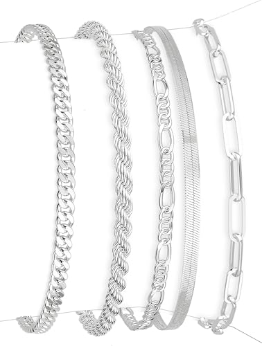 DEARMAY Silver Plated Bracelets for Women Dainty Silver Jewelry Sets for Trendy Stackable Paperclip Rope Snake Box Figaro Chain Bracelets Pack Costume Fashion Gifts for Womens