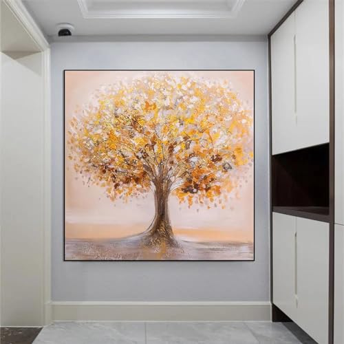Toile d'art abstraite d'arbre jaune, décoration de la maison vibrante et poétique
