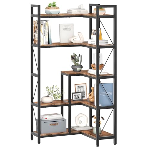 CHOEZON 5-Tier Corner Bookshelf, 65.5'' Tall L-Shaped Bookcase, Corner Storage Stand with Metal Frame, Display Storage Rack, for Living Room, Home Office, Bedroom, Rustic Brown TSJ12BF by CHOEZON - Image 4