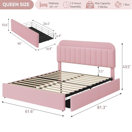 GarveeHome Queen Bed Frame with Storage Headboard, Girls Bed Frame with 2 Drawers, Boucle Upholstered Platform Bed with Bookcase, No Box Spring Needed, Easy Assembly, Pink