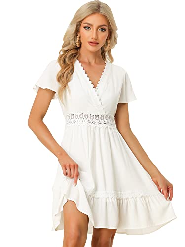 Allegra K Vestido de Verano para Mujer con Cuello en V, Manga Corta, Ribete de croché, línea A, Dobladillo con Volantes Blanco L