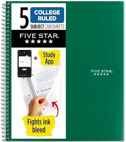 Five Star 5-Subject Spiral Notebook with Study App, 200 sheets, green