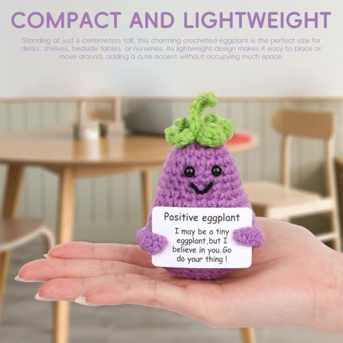 Image of Zibuyu Handmade Crochet Eggplant Toys Desk Decor with Positive Message Card Cute Motivational Crochet Toys Gift for Office Home Baby Nursery, Purple