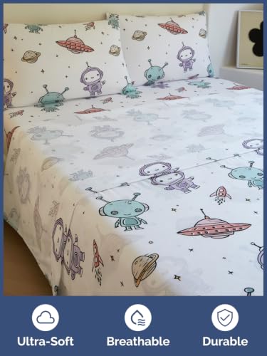 Image of Kids Queen Size Robot Bed Sheets - 4 Piece Kids Robot Sheet Set - Galaxy Space Bedding - Ultra-Soft, Cute & Cozy - Breathable & Machine Washable - Colorful Bed Set for Boys, Girls, Teens & Toddlers