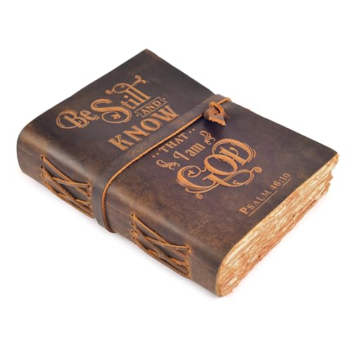 LEATHER VILLAGE Vintage Leather Journal with Psalm 46:10 Bible Verse–8''x6'' Embossed Prayer Study Journal for Women & Men – 200 Pages Handmade Cotton Deckle Edge Watercolor Paper - Cappuccino Brown