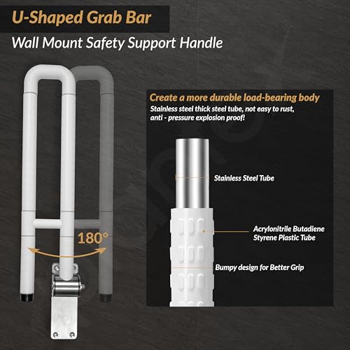 Image of Plantex Stainless Steel 24 Inch U-Shape Handle for Bathroom Support /Space-Saving Safety Bar for Shower /Toilet /Bedside Anti-Slip Shower Grab Bar for Bathroom - (White)